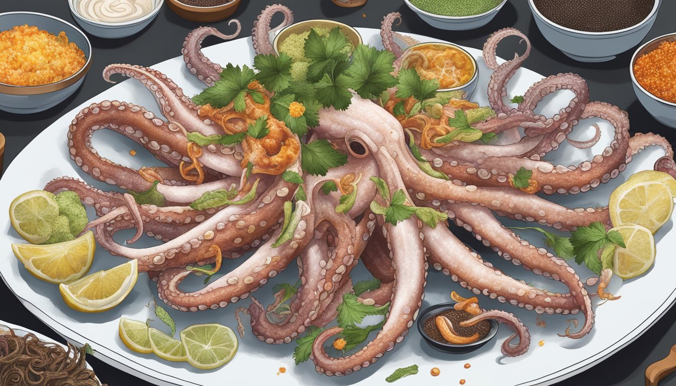 A plate of sannakji, live octopus tentacles wriggling and squirming, surrounded by various condiments and seasonings