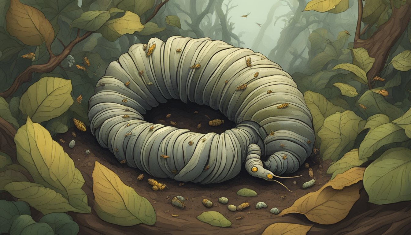 A witchetty grub crawling through the earth, surrounded by decaying leaves and small insects