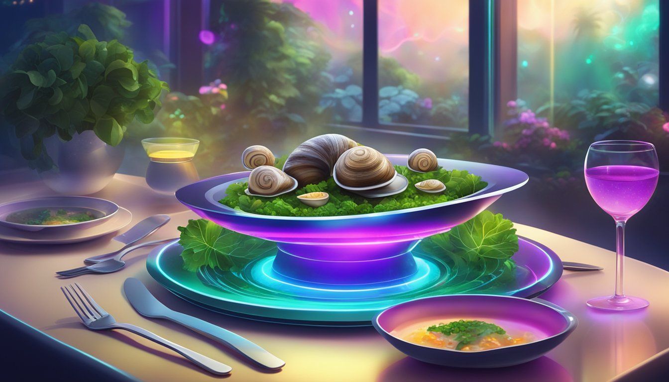 A futuristic dining table with a steaming plate of escargot served on a bed of vibrant, exotic greens, surrounded by glowing, high-tech utensils and a holographic menu