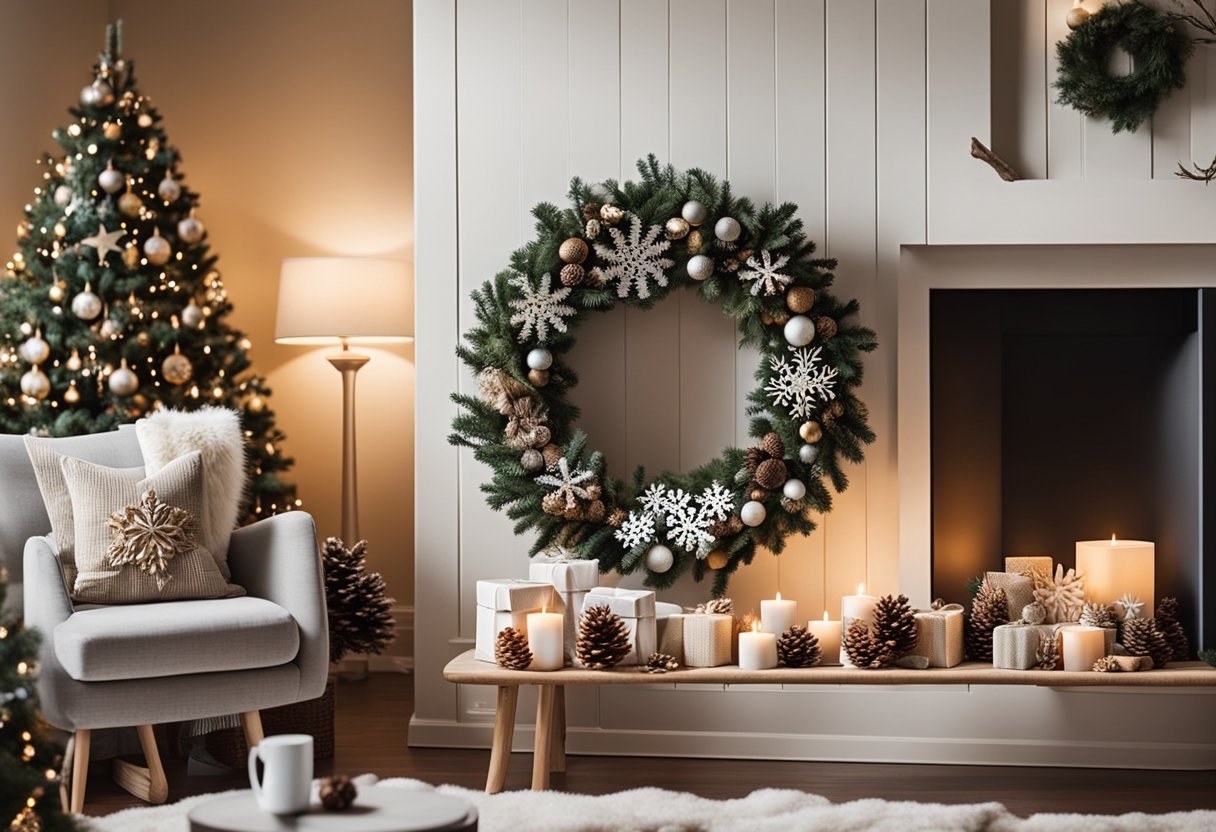 A cozy living room adorned with handmade Christmas crafts, including paper snowflakes, pinecone ornaments, and a festive wreath