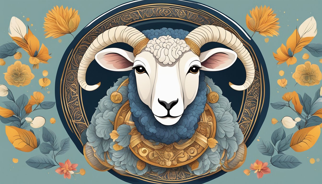 A sheep's head on a platter surrounded by traditional cultural symbols and decor