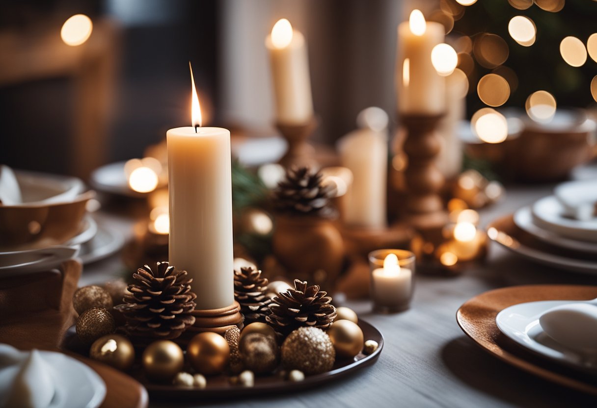 A cozy living room with cinnamon stick candle holders adorning a festive holiday table