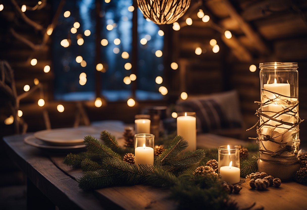 A cozy cabin interior with a table covered in rustic twigs and handmade star ornaments, surrounded by festive decorations and warm lighting