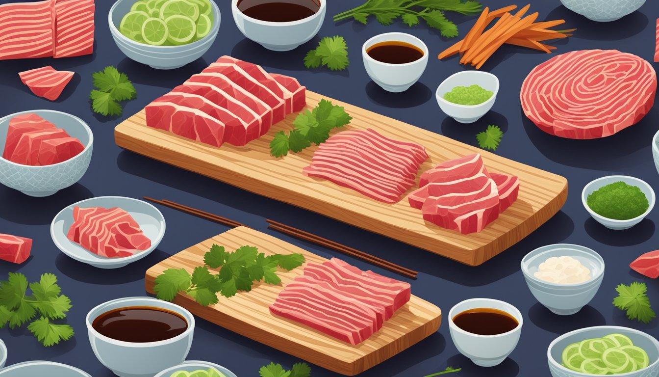 A wooden cutting board with thin slices of raw horse meat arranged in a decorative pattern, surrounded by small dishes of soy sauce and wasabi