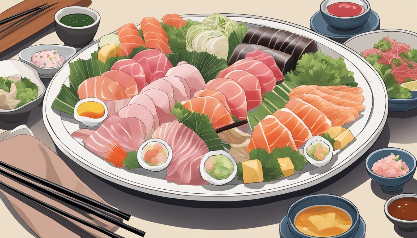 A plate of horse sashimi with a variety of condiments arranged around it, showcasing Japan's raw take on the cultural delicacy