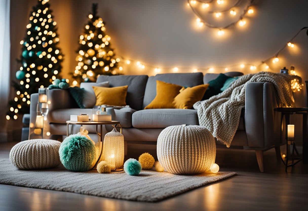 A cozy living room adorned with colorful pom pom garlands, twinkling lights, and festive decor for Christmas