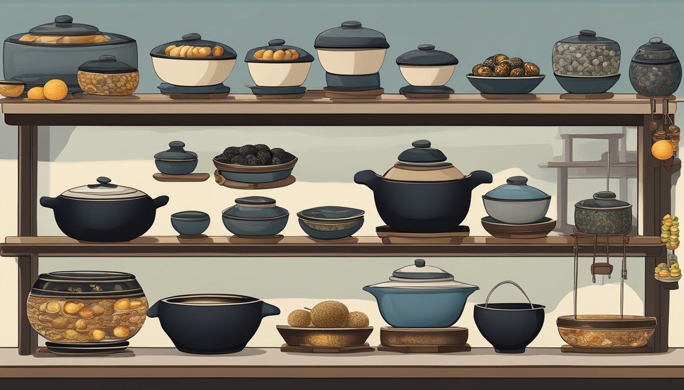 A traditional Chinese kitchen with century eggs displayed in various stages of preservation