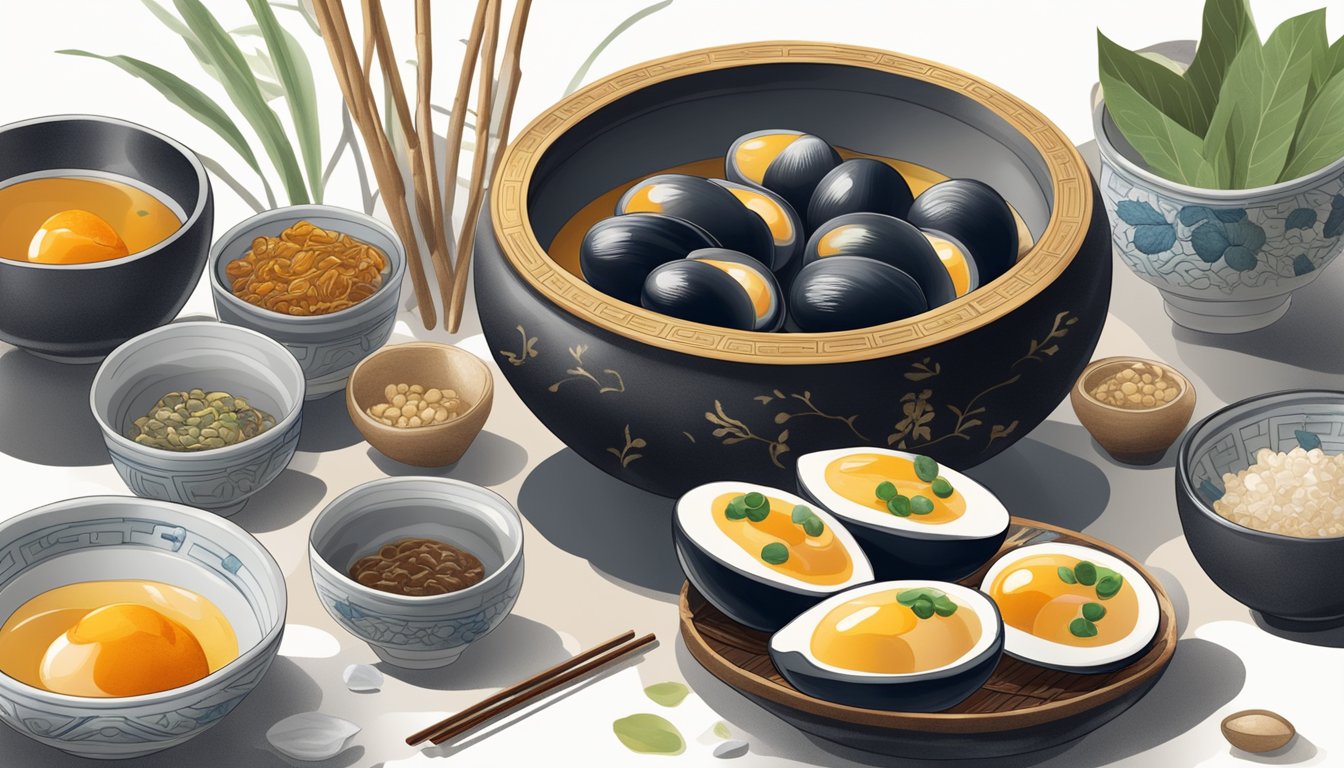 A bowl of century eggs surrounded by traditional Chinese preservation tools and ingredients