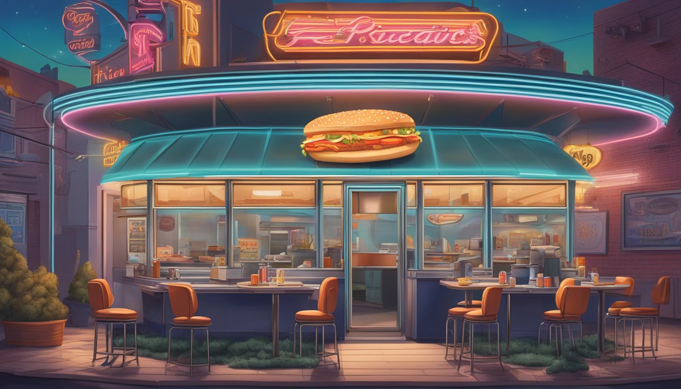 A vintage diner with a neon sign serves up fried brain sandwiches, surrounded by memorabilia of the Midwest's culinary heritage