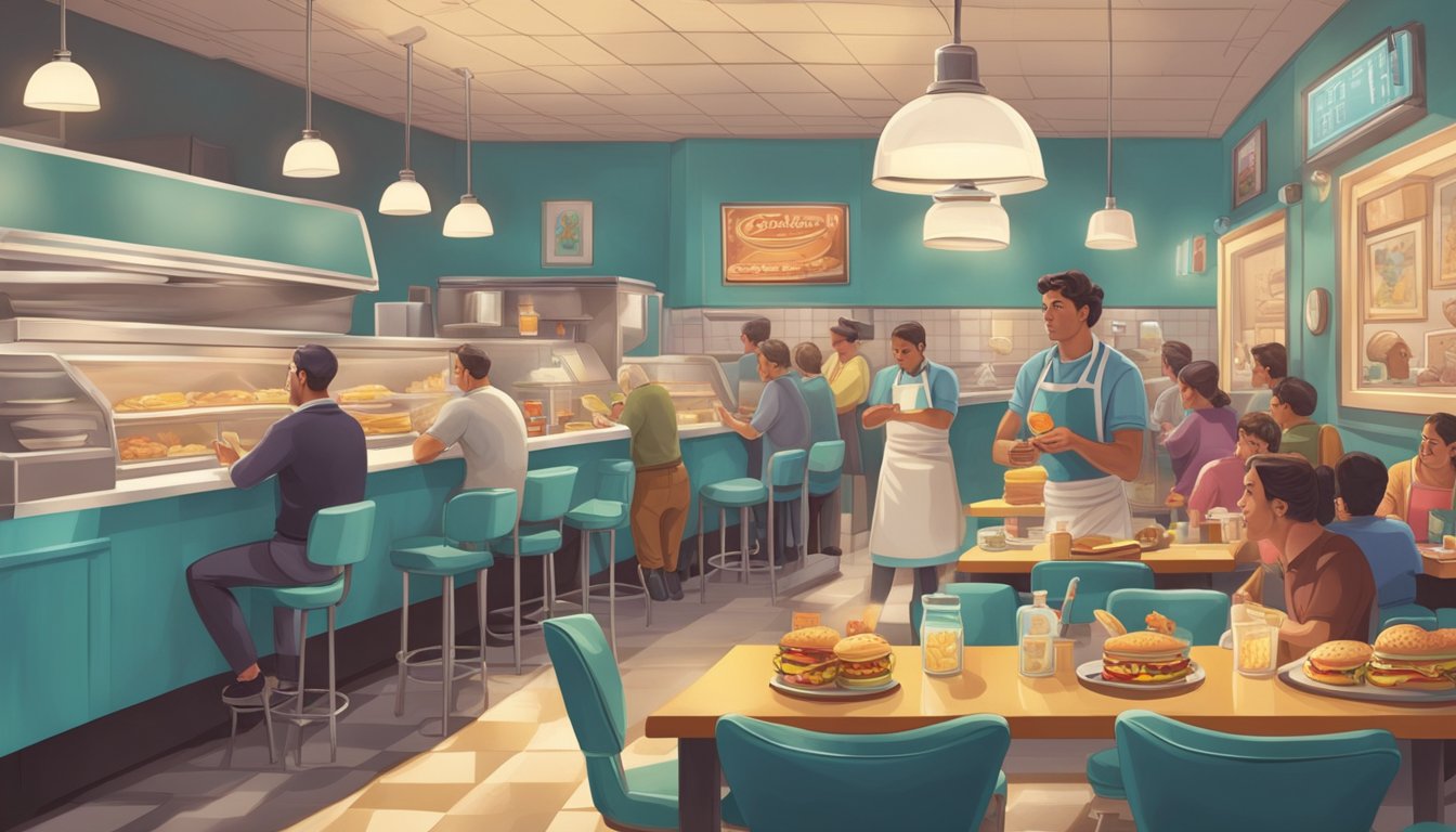 A small, crowded diner with a retro feel. A cook fries up brain sandwiches while customers look on with curiosity and unease