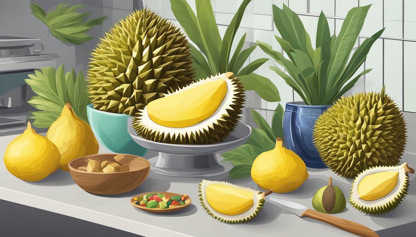 A durian fruit surrounded by various exotic and colorful ingredients on a kitchen counter