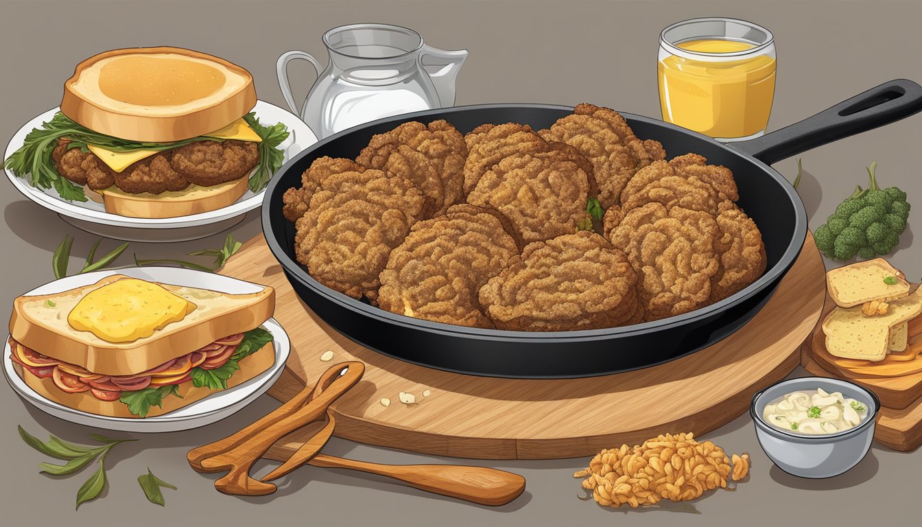 A sizzling skillet holds two golden brown sandwiches, filled with fried brain slices, surrounded by a collection of unique Midwest ingredients and cooking utensils