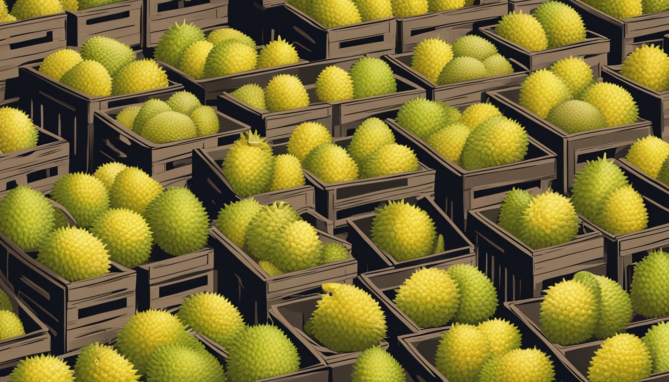 A bustling global market with crates of durian stacked for export