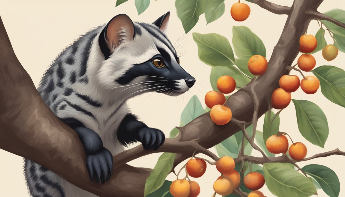 A civet cat perches on a tree branch, surrounded by coffee cherries