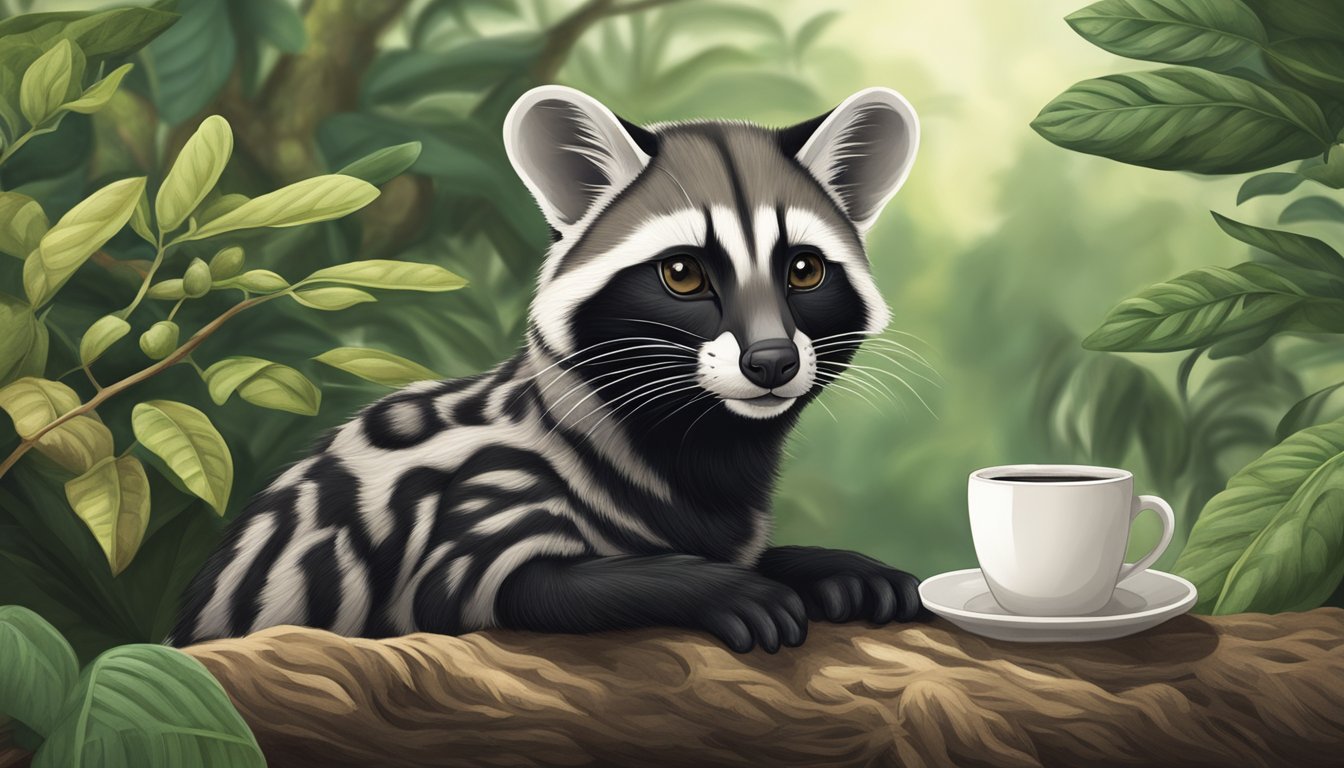 A civet cat perched in a lush coffee plantation, surrounded by coffee beans and a cup of kopi luwak