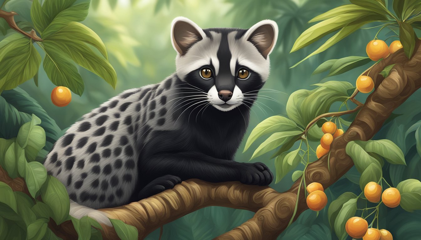 A lush, tropical forest with a civet cat perched on a coffee tree, surrounded by ripe coffee cherries