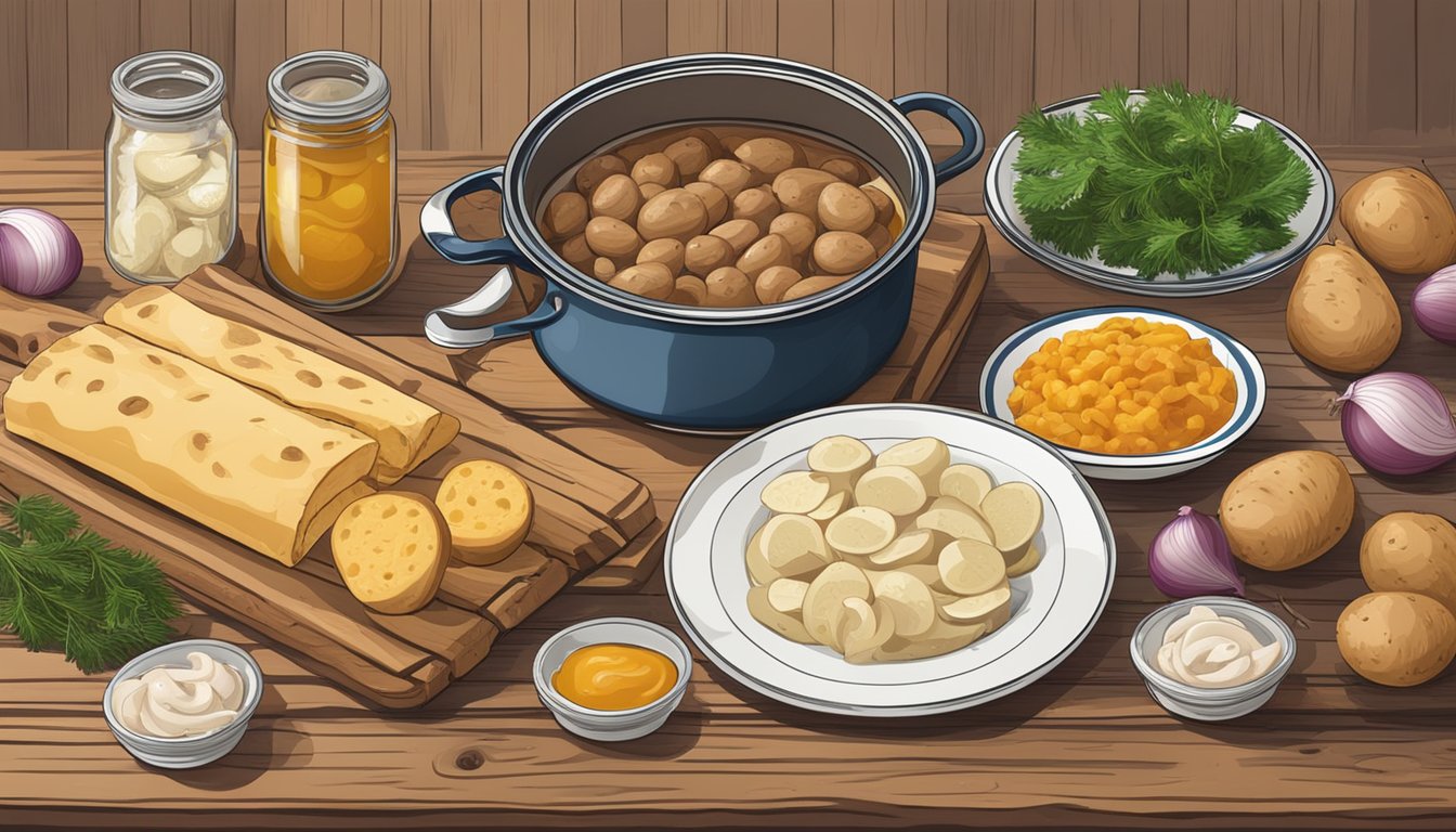 A rustic wooden table with a can of surströmming, surrounded by traditional Swedish ingredients like potatoes, onions, and flatbread