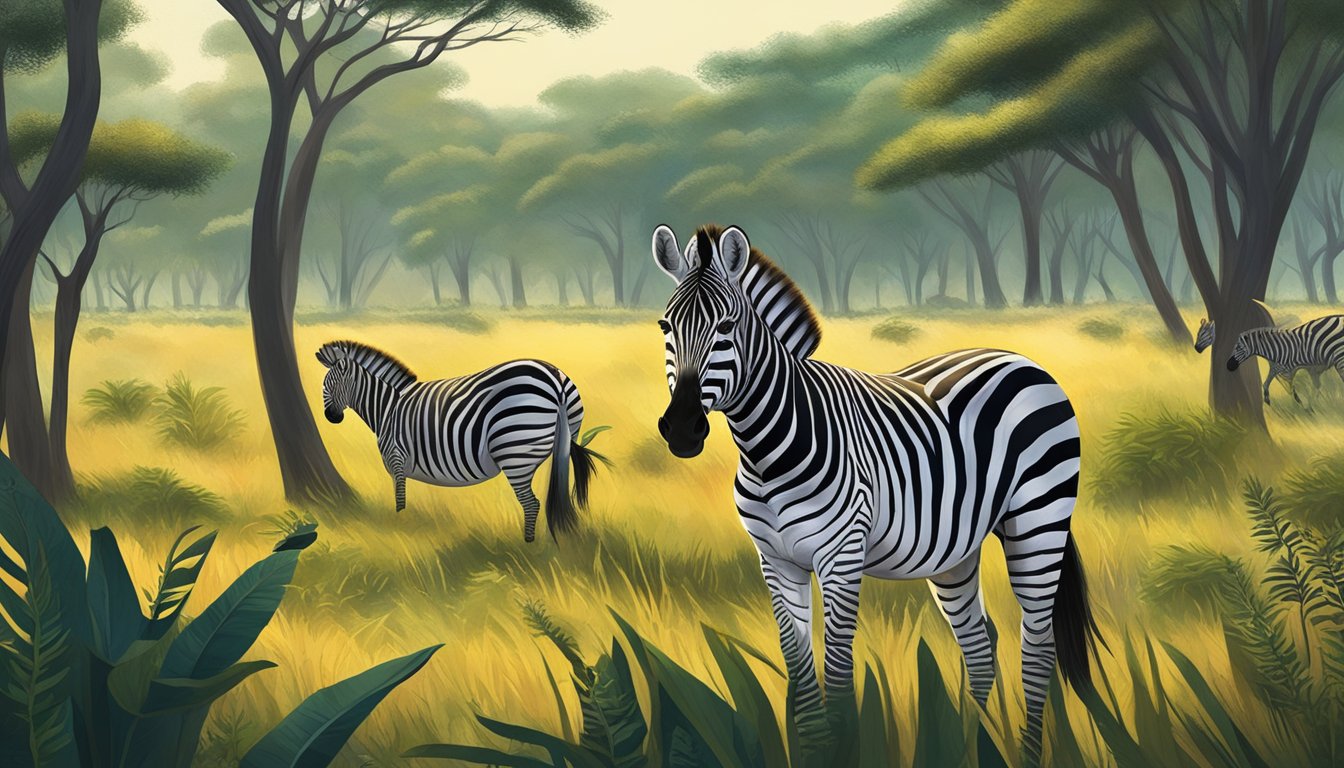 A zebra grazes peacefully in a lush, open savanna, surrounded by vibrant greenery and under the watchful eye of a few curious birds