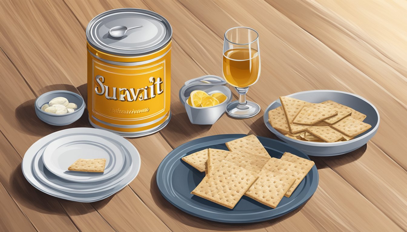 A table set with a can of surströmming, a glass of aquavit, and traditional Swedish crackers