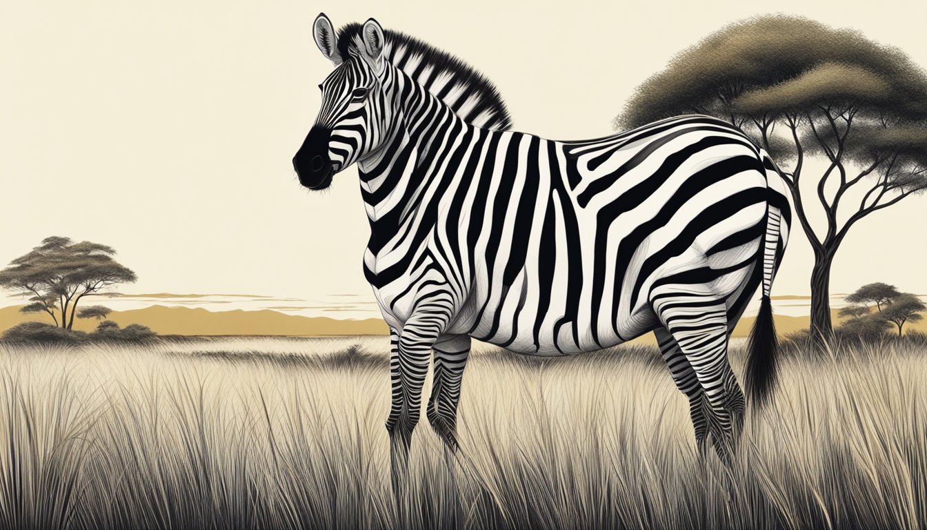 A zebra stands on the savannah, surrounded by tall grass and acacia trees. Its distinctive black and white stripes contrast against the golden landscape