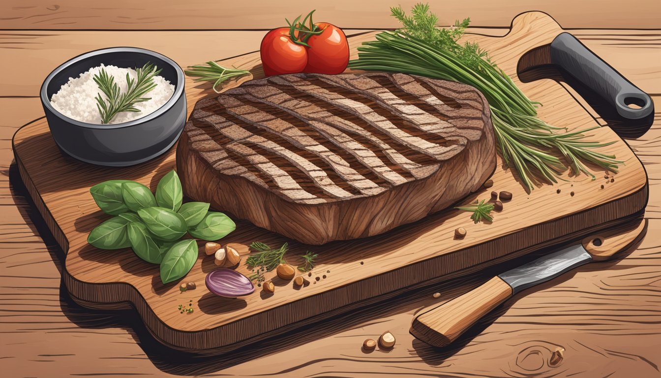 A sizzling zebra steak is being grilled on a hot pan, surrounded by various herbs and spices on a wooden cutting board