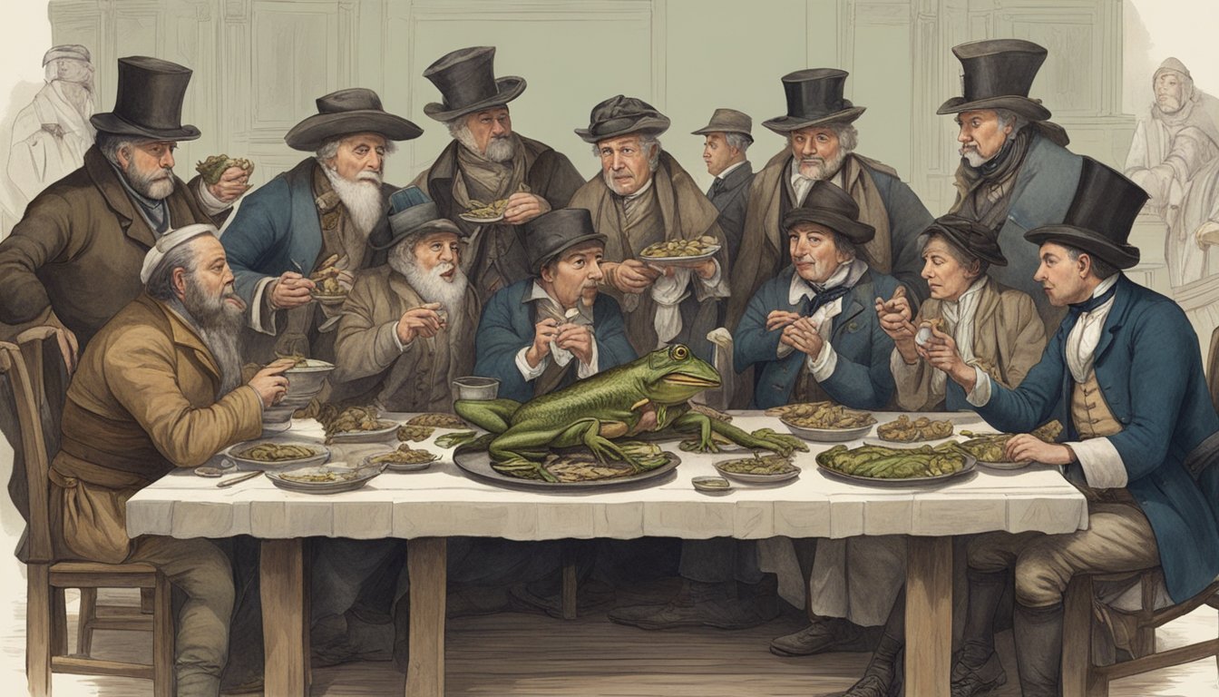 A group of people in historical clothing gathered around a table, eating frog legs with curious expressions on their faces