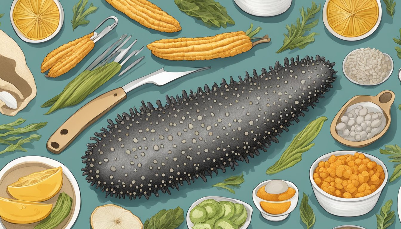 A sea cucumber surrounded by various cooking utensils and ingredients, highlighting its historical and cultural significance in culinary practices