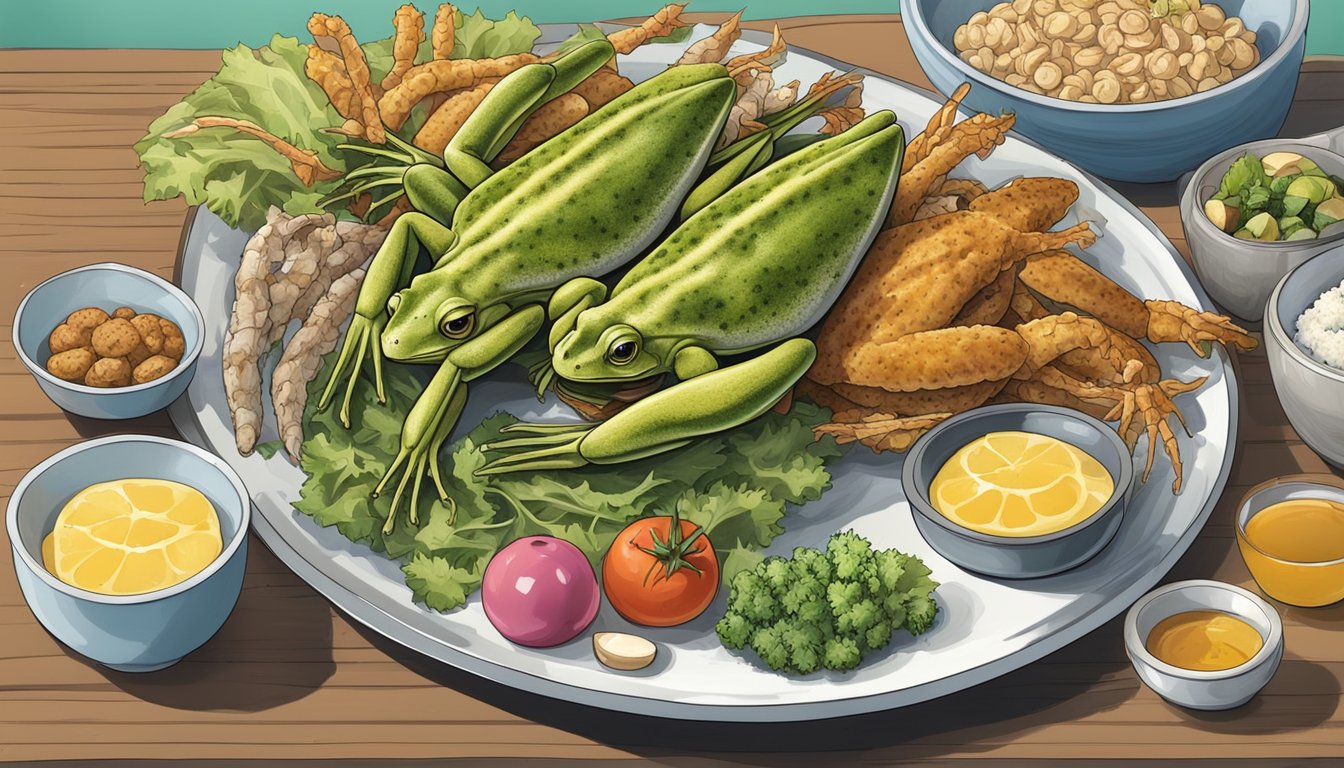 A plate of frog legs next to a variety of other foods, emphasizing the unique and unusual nature of the dish