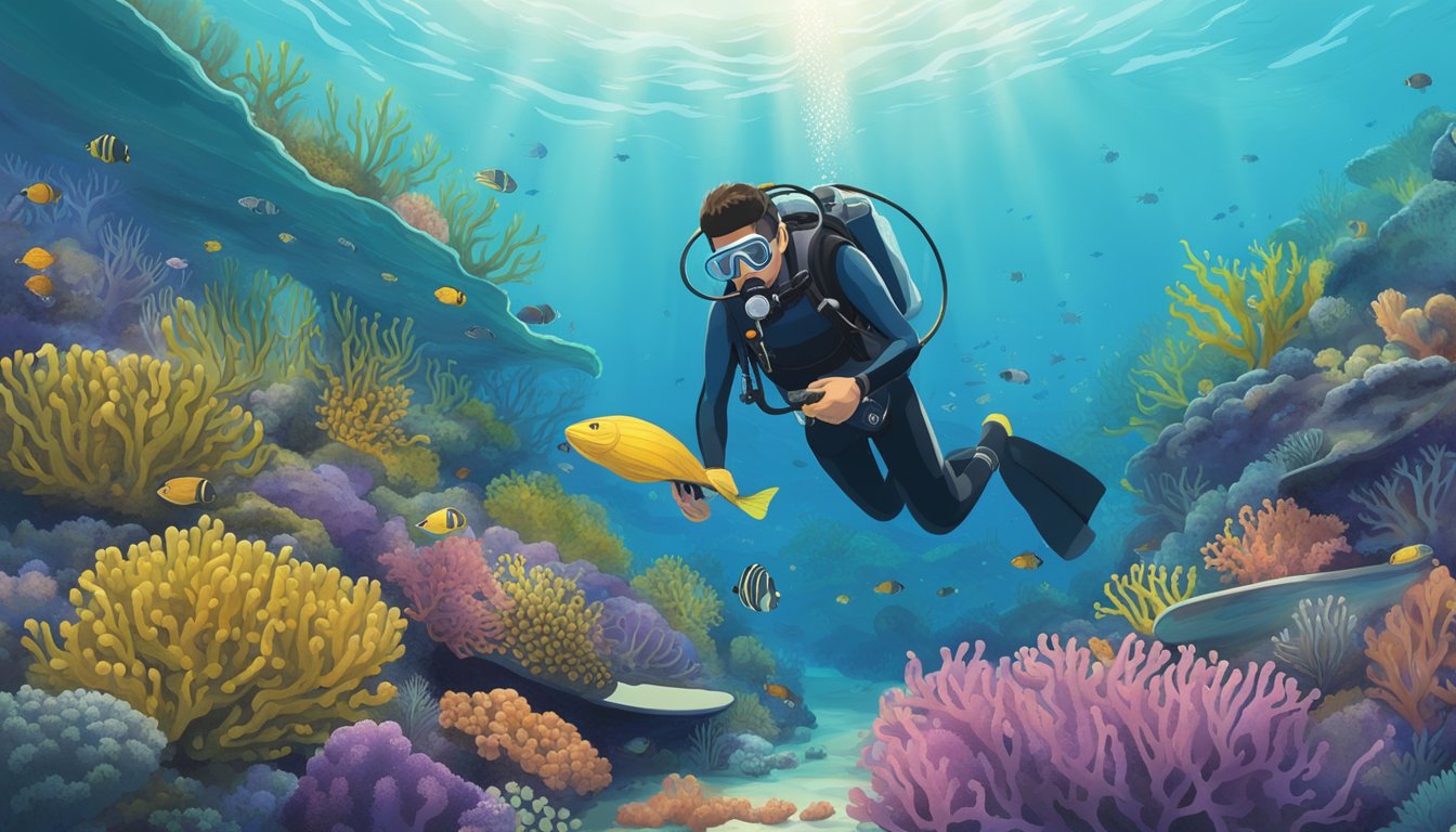 A diver carefully harvests sea cucumbers from a vibrant coral reef, while a group of marine biologists observe and record data