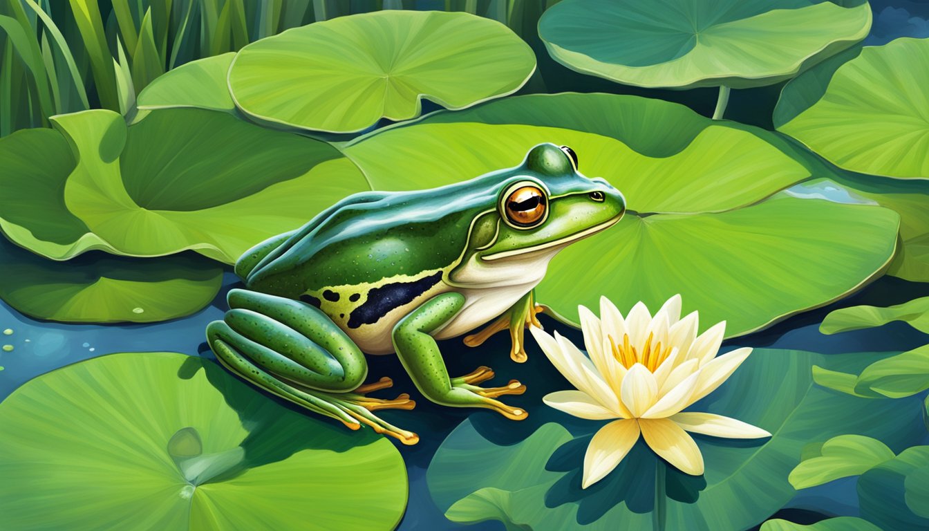 A frog sitting on a lily pad, surrounded by lush green vegetation and a clear, sparkling pond