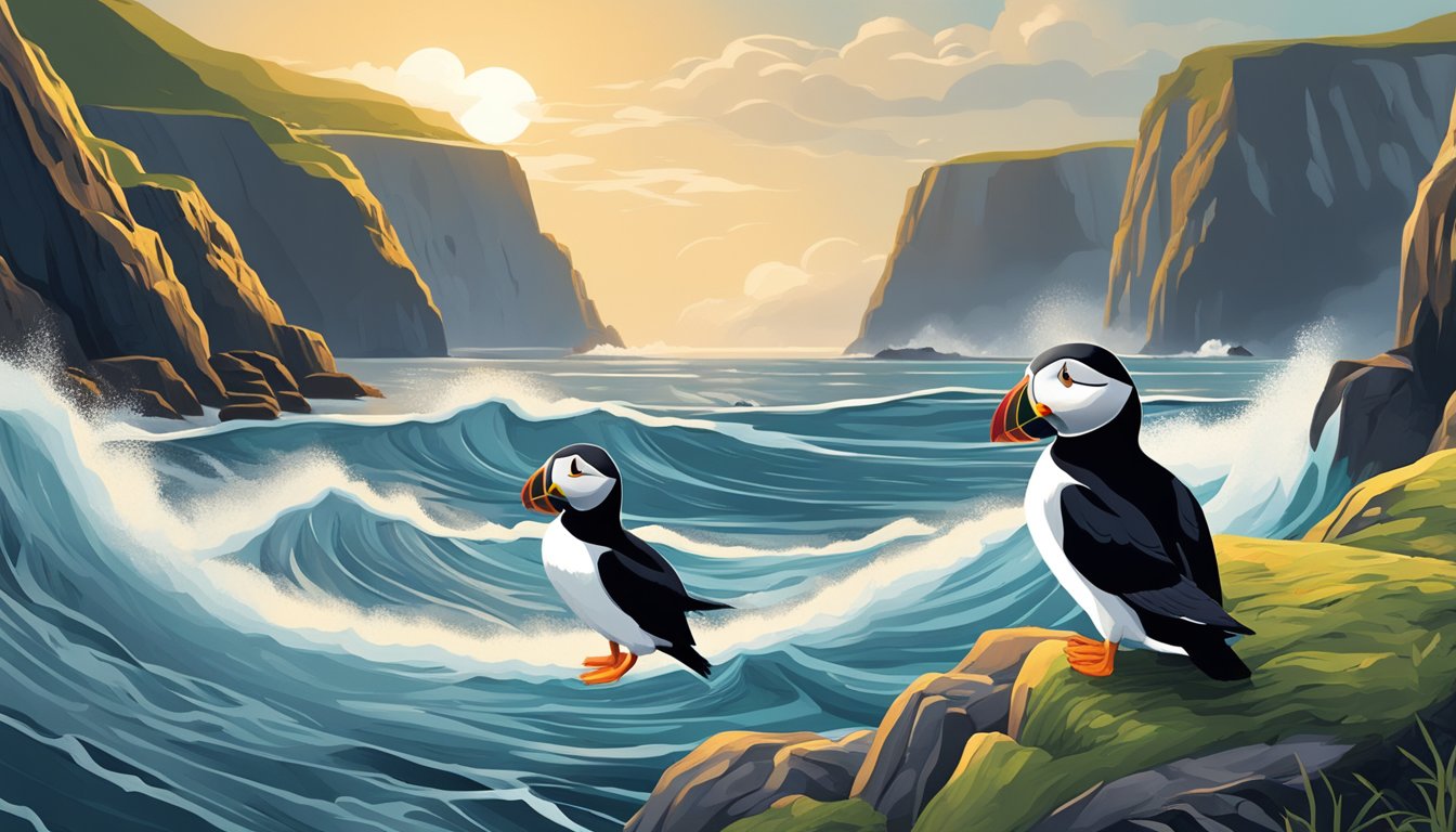 A puffin hunting scene with a puffin heart as the strange eat, set against a dramatic backdrop of rugged cliffs and crashing waves