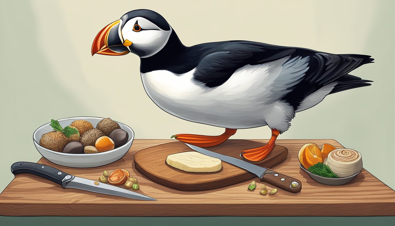 A puffin heart placed on a wooden cutting board next to a knife and a plate of other unusual foods for comparison