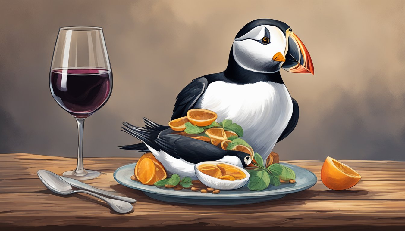 A puffin heart dish paired with a glass of red wine on a rustic wooden table