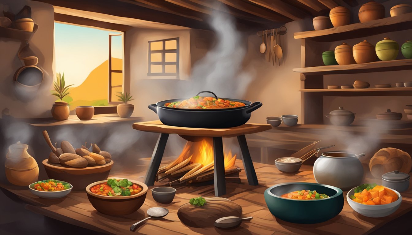 A traditional Peruvian kitchen with a rustic pot roasting cuy over an open fire, surrounded by indigenous ingredients and utensils