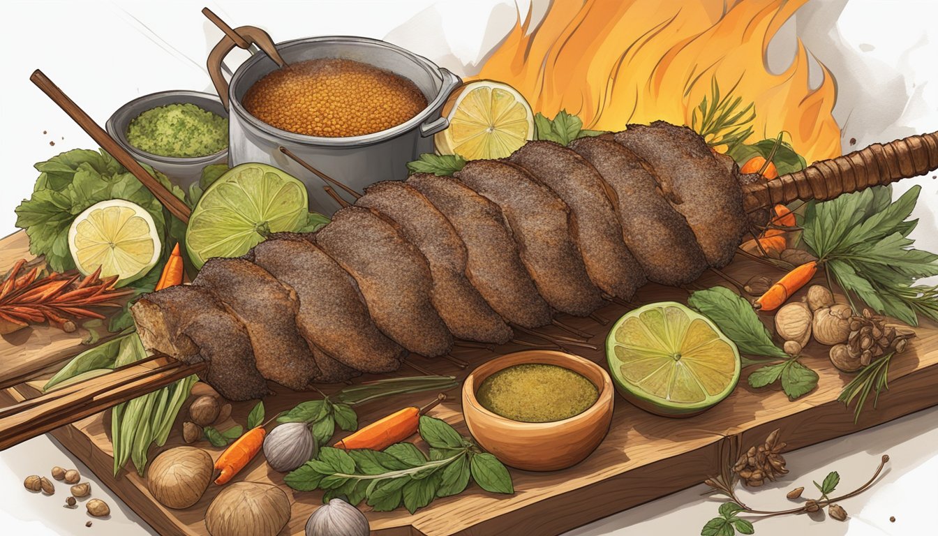 A whole cuy, seasoned and skewered over an open flame, surrounded by various Andean spices and herbs