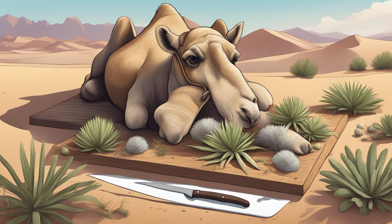 A camel carcass surrounded by desert plants, with a butcher's knife and a cutting board nearby