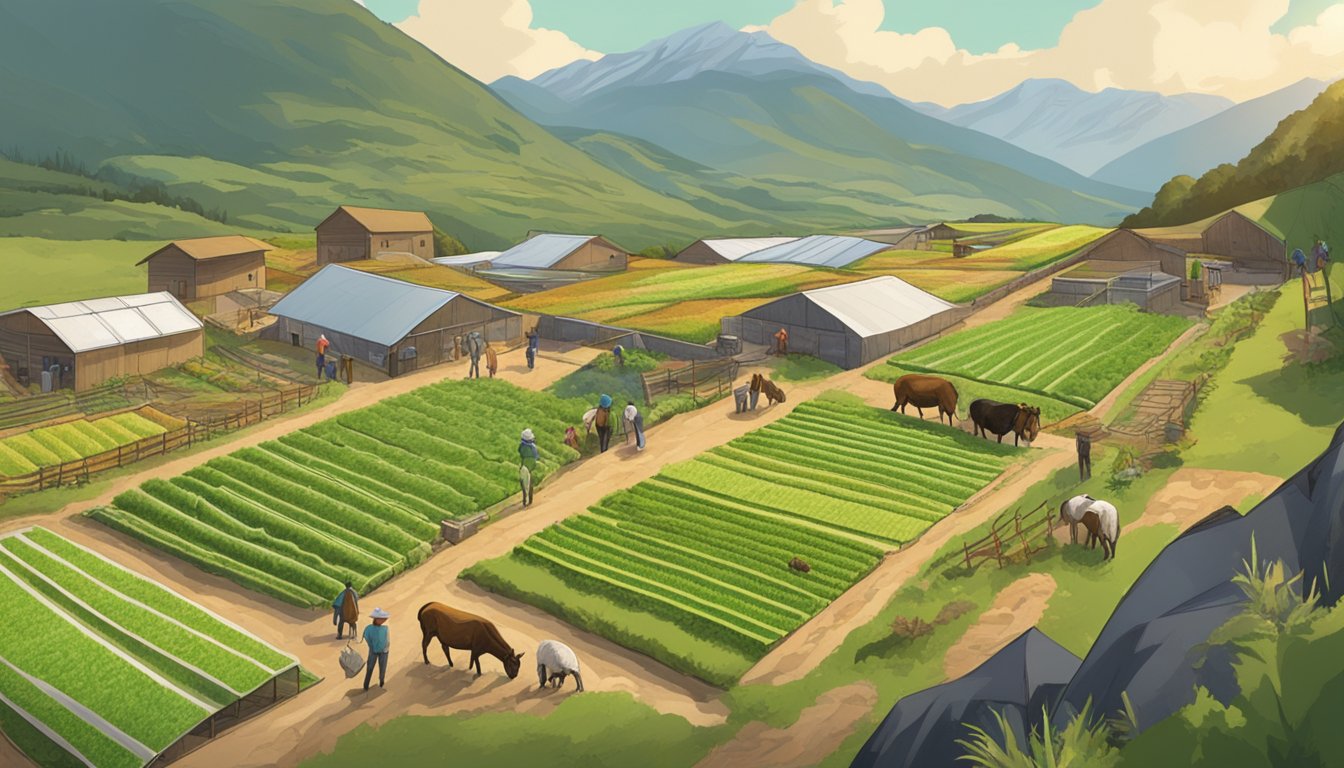 A cuy farm nestled in the Andes mountains, with rows of sustainable enclosures and farmers tending to the animals