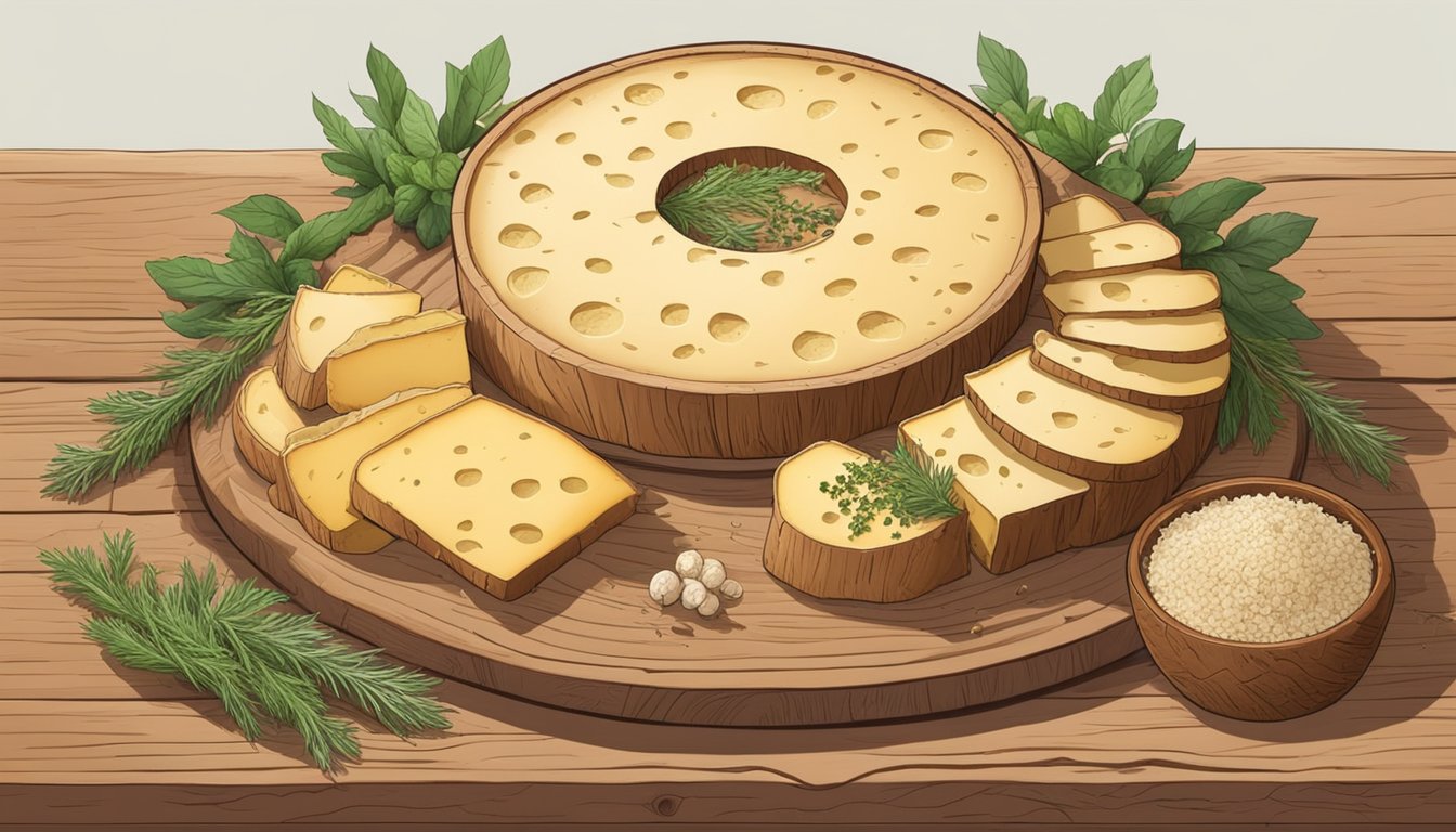 A wheel of casu marzu cheese, filled with live maggots, sits on a rustic wooden platter, surrounded by slices of bread and a scattering of herbs