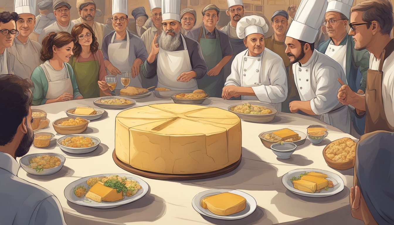 A table set with a wheel of casu marzu cheese, surrounded by curious onlookers and a cautious chef