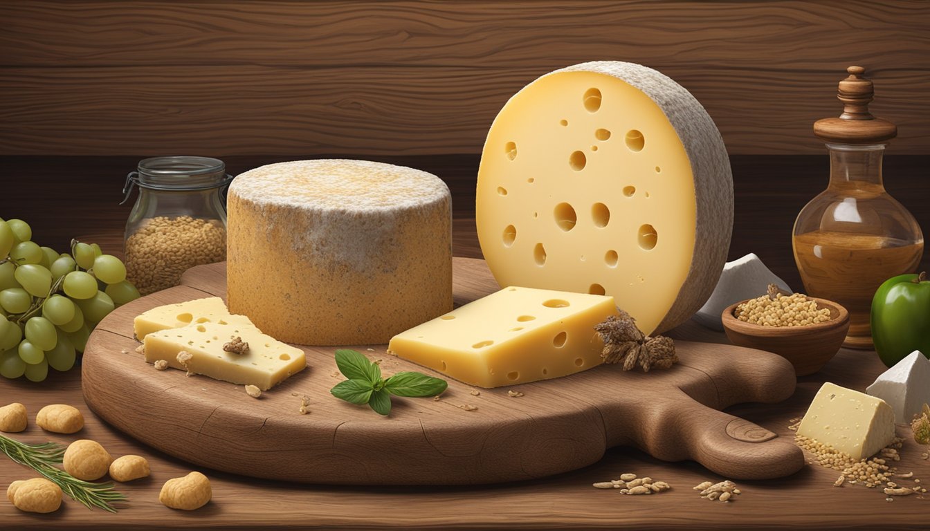 A wheel of casu marzu cheese, teeming with live maggots, sits on a rustic wooden table surrounded by traditional Sardinian ingredients