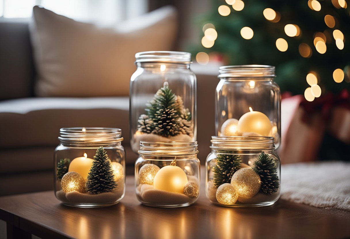 A cozy living room filled with 18 unique Christmas jars, each adorned with festive decorations and twinkling lights