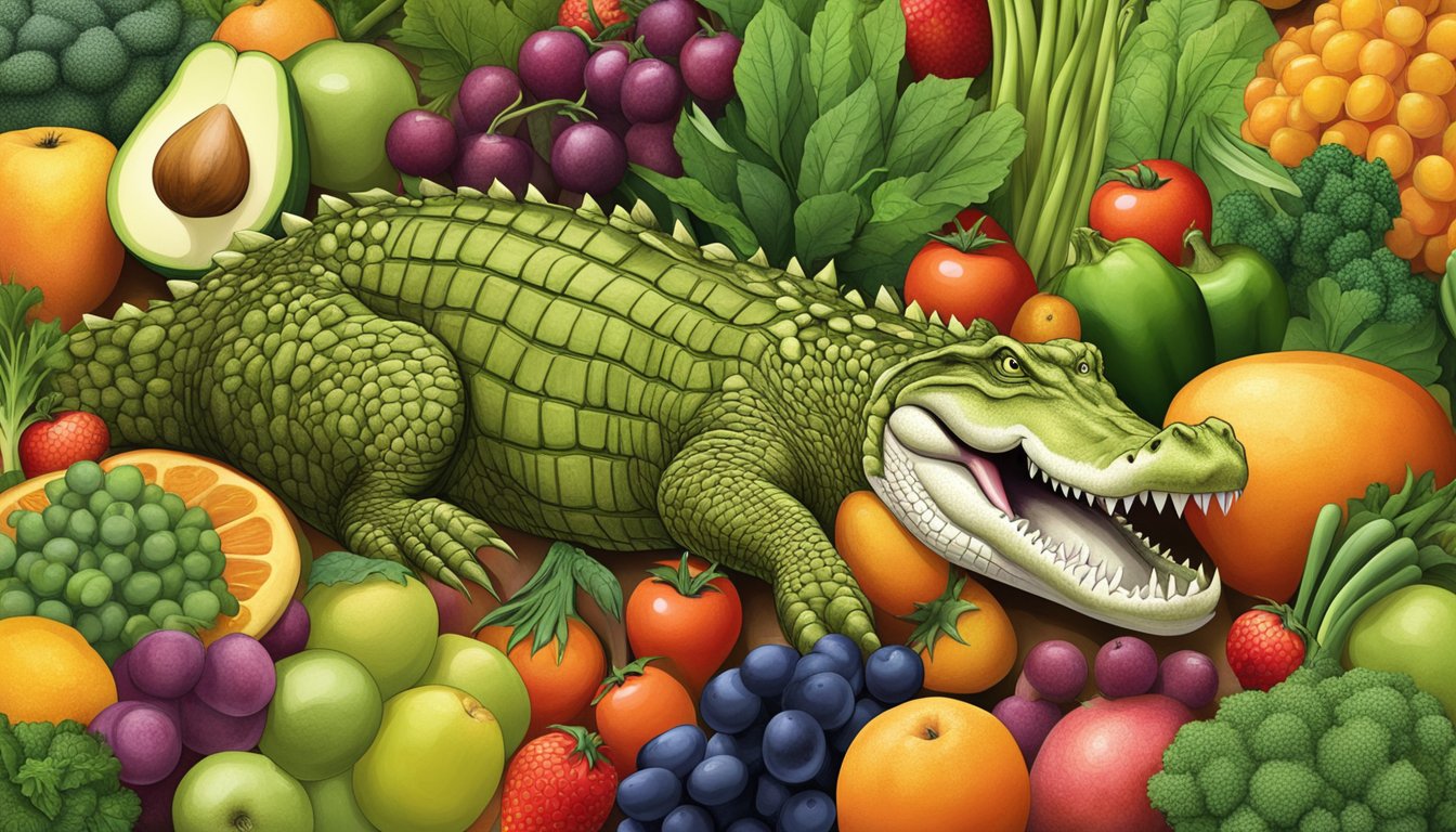 A crocodile surrounded by a variety of colorful fruits and vegetables, highlighting its nutritional benefits