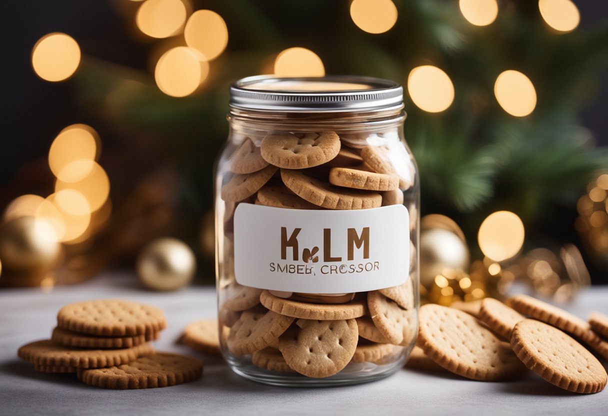 A glass jar filled with graham crackers, marshmallows, and chocolate bars, surrounded by festive Christmas decorations