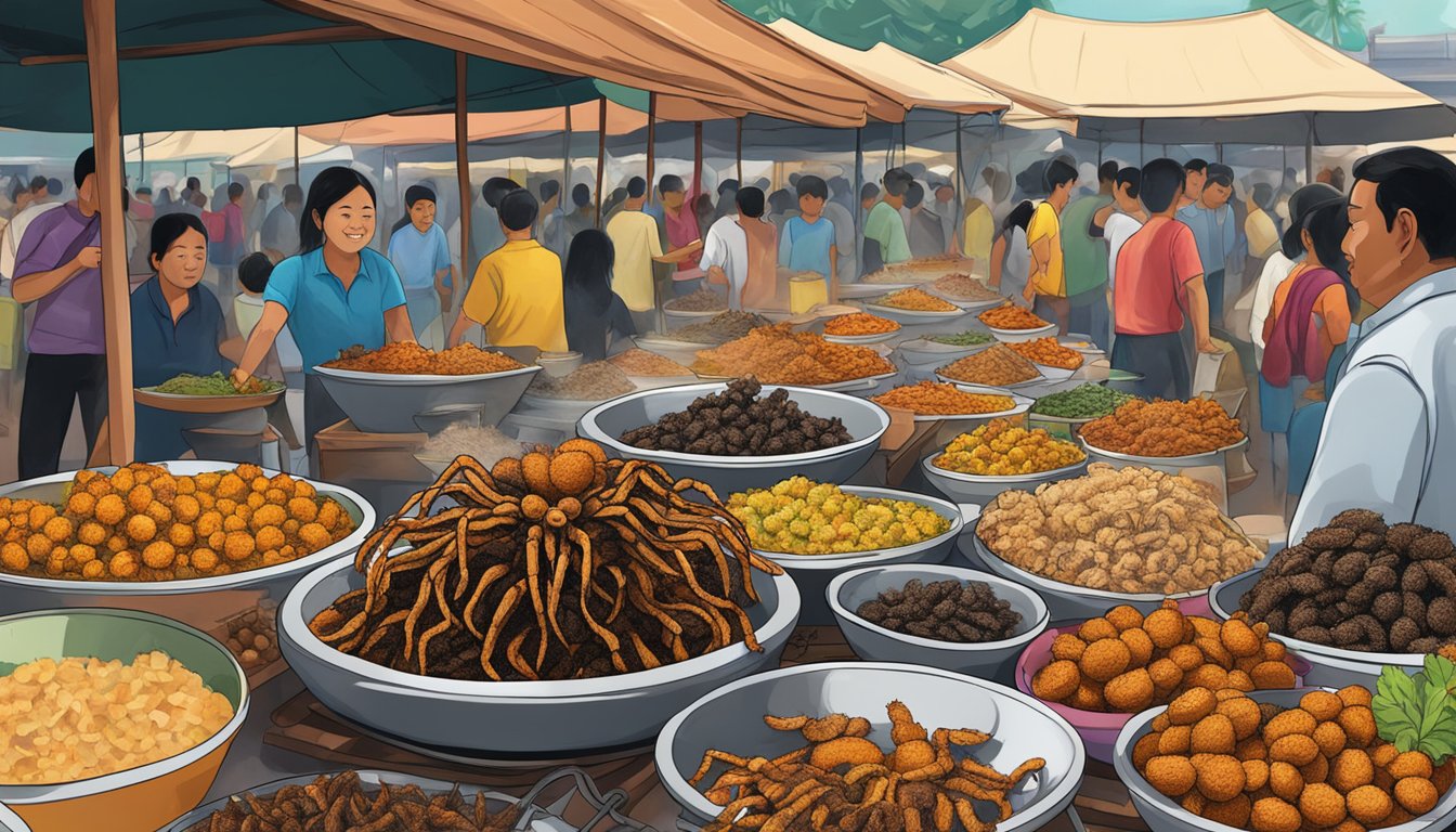 A plate of fried tarantulas surrounded by vibrant Cambodian market stalls