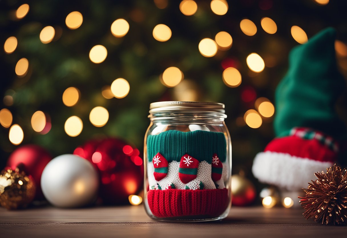 A jar filled with cozy socks surrounded by festive Christmas decorations