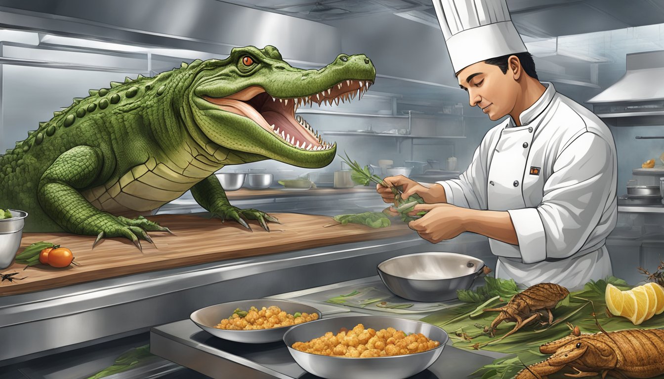 A chef prepares crocodile meat while insects buzz around in a bustling global cuisine kitchen