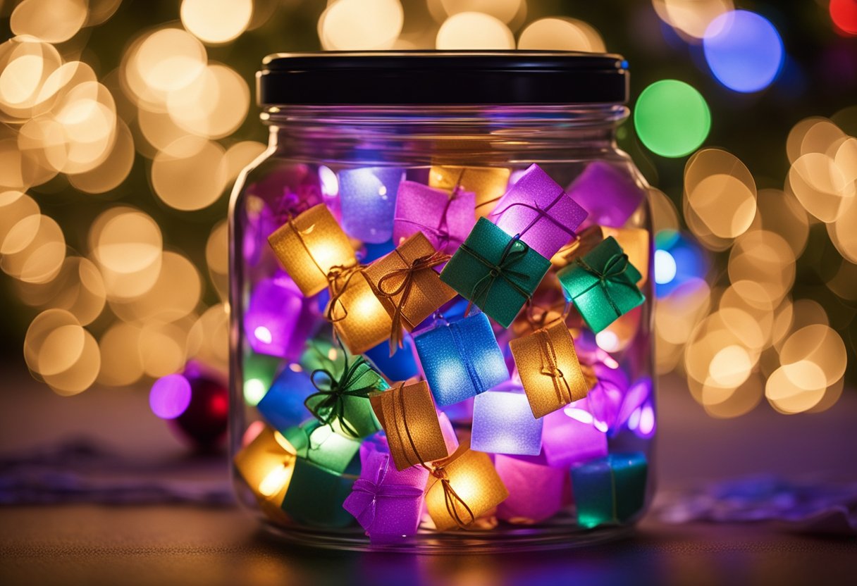 A glass jar filled with colorful slips of paper, each containing a different Christmas quote, surrounded by twinkling lights and festive decorations