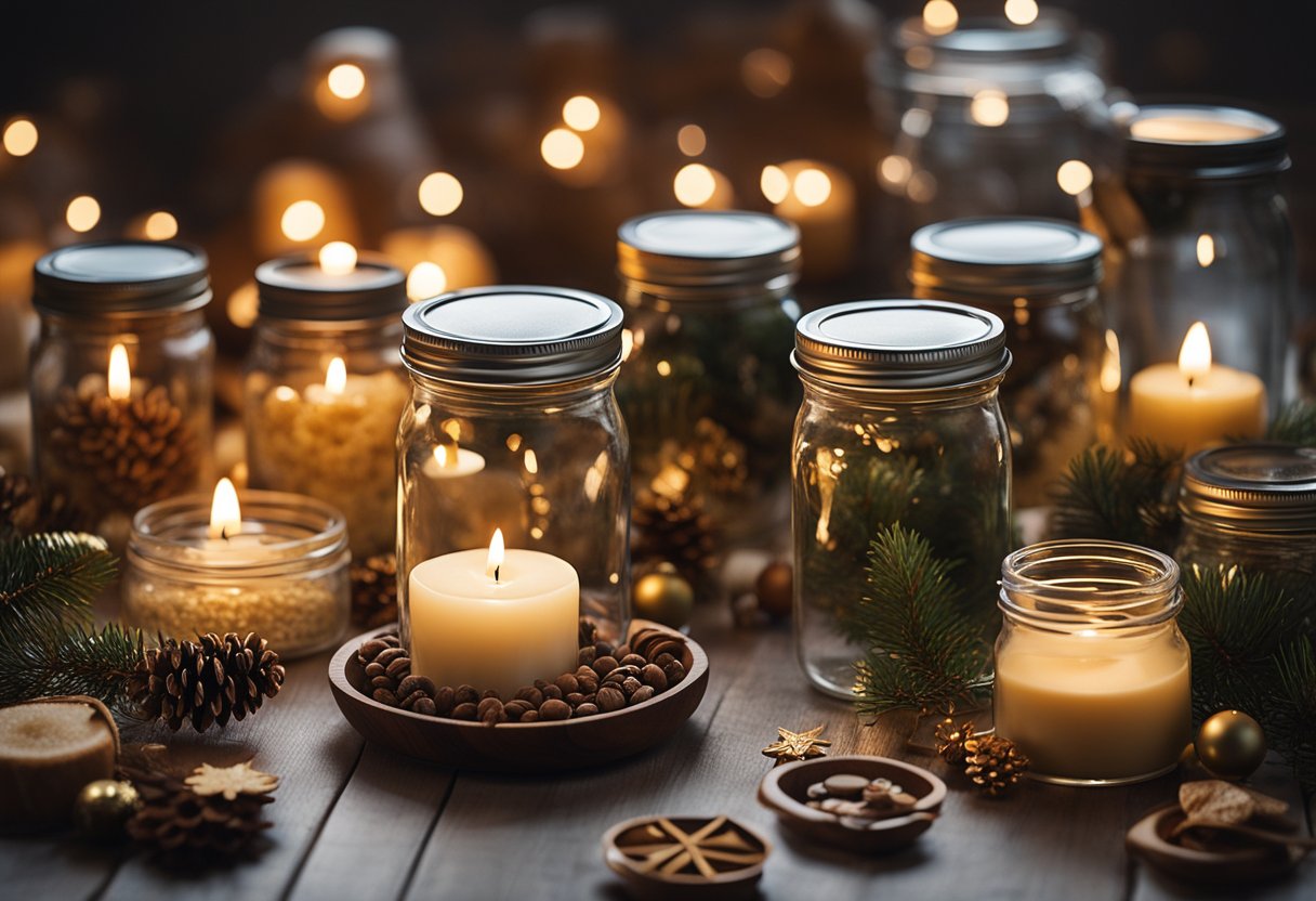 A table with a candle making kit surrounded by 18 empty Christmas-themed jars, various decorative elements scattered around