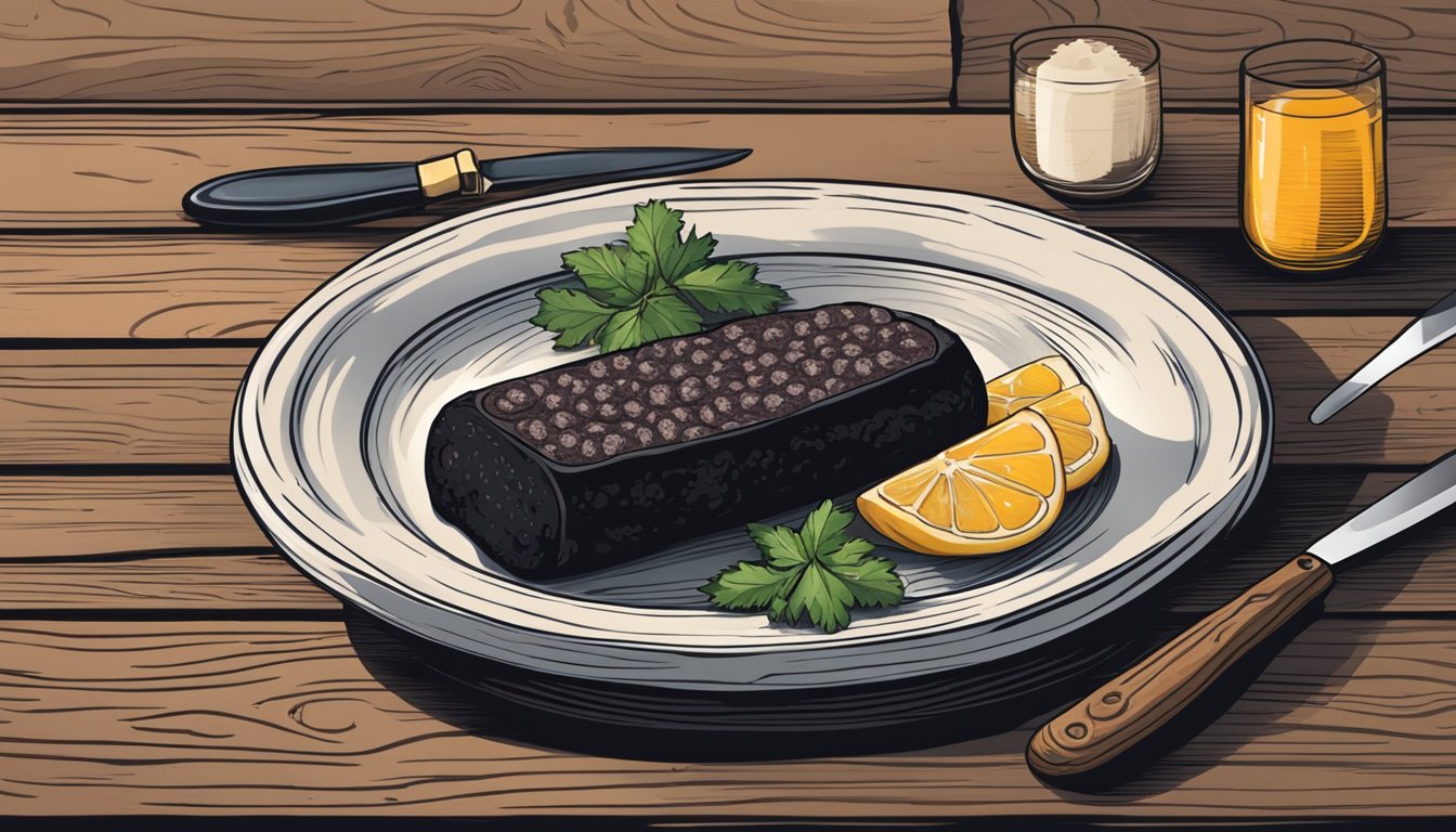 A plate of black pudding on a rustic wooden table with a knife beside it