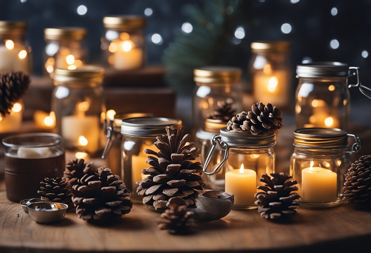 A cozy winter scene with pinecone fire starters and a collection of 18 Christmas jars arranged on a rustic table